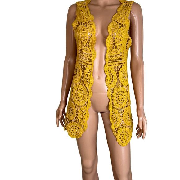 Anna-Kaci Mustard Yellow crochet cardigan swimsuit coverup high low floral SZ SM - Picture 2 of 9
